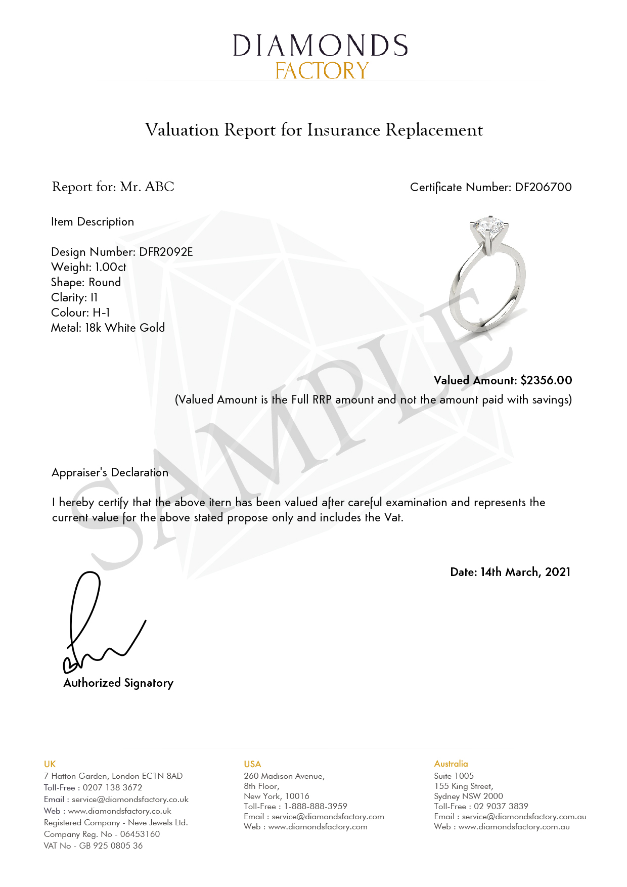 Valuation Certificate